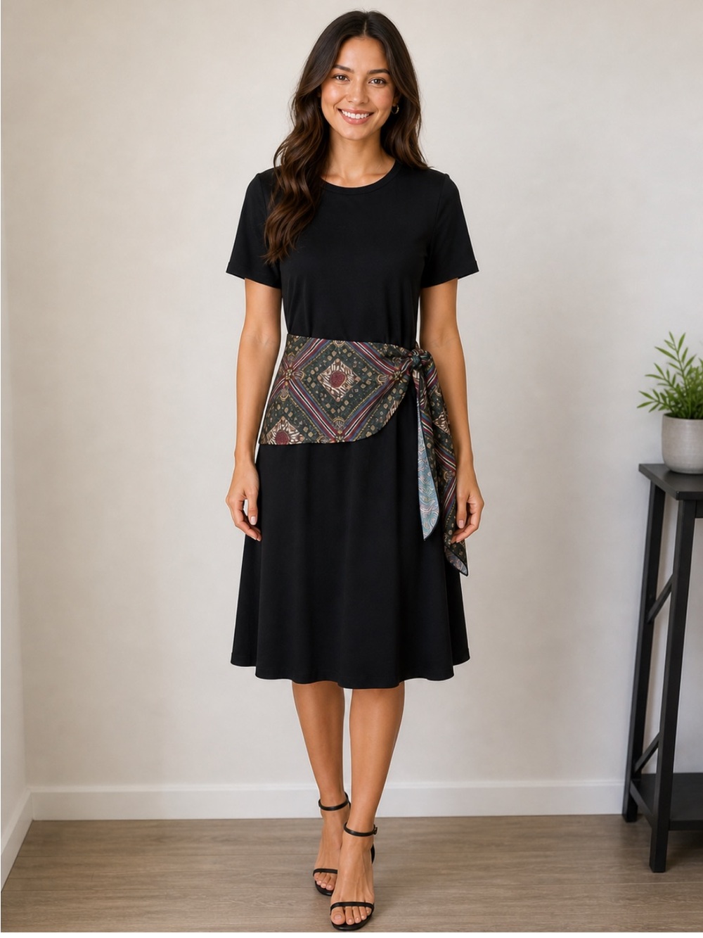 Zara Black Short-Sleeve Midi Dress with Patterned Waist Sash